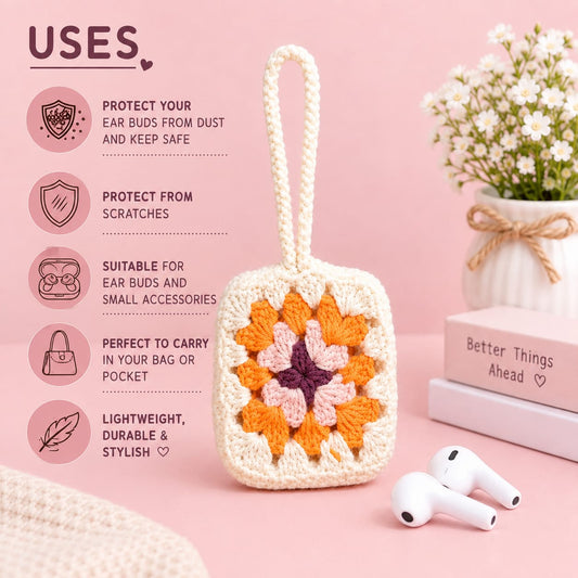 Earbuds Pouch | Handmade Crochet Earbuds & Utility Pouch | Floral Design Granny Grace