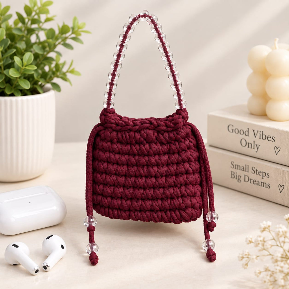 Earbuds Pouch |Handmade Crochet Earbuds & Utility Pouch | Cute Beaded Handle